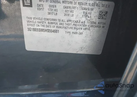 2017 Chevrolet Cruze Lt Auto из США, поврежденный, VIN 3G1BE6SM5HS594661